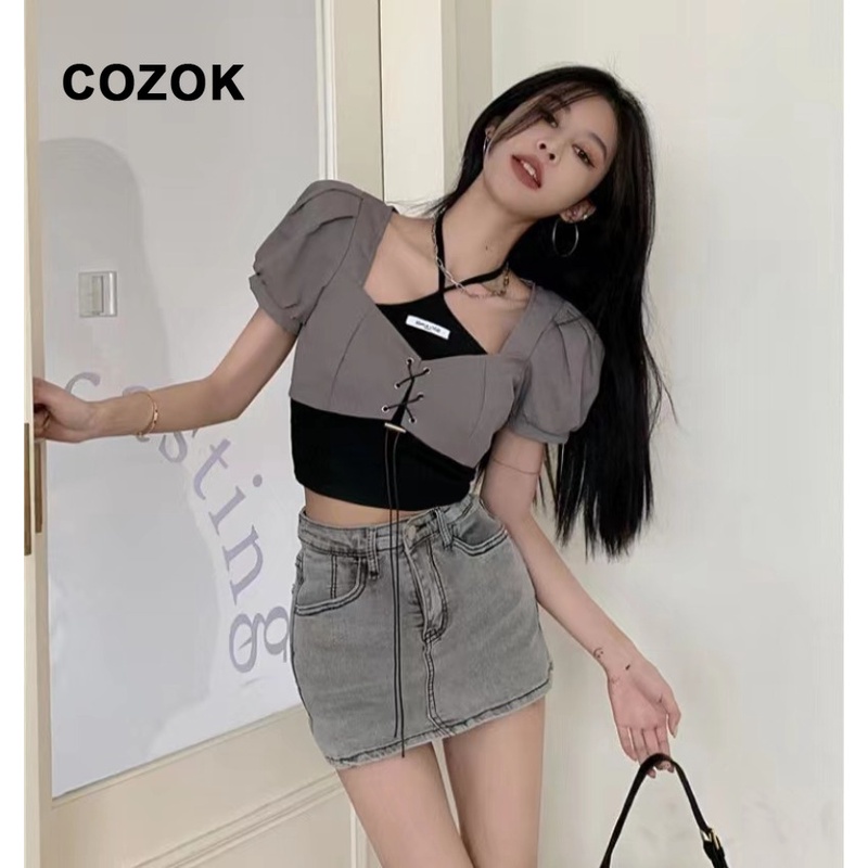 Hot girl short puff sleeve vest slimming suit bộ hai-mảnh cho nữ