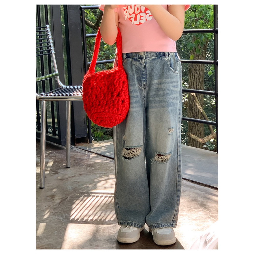 Quần jeans Rách Lưng Cao Ống Rộng Phong Cách retro Cho Bé Gái