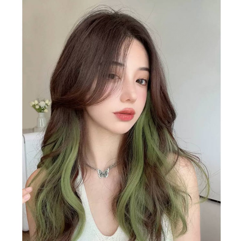 Bộ Tóc Giả Dài Xoăn Gợn Sóng Màu Xanh Lá Cá Tính Thời Trang Cho Nữ