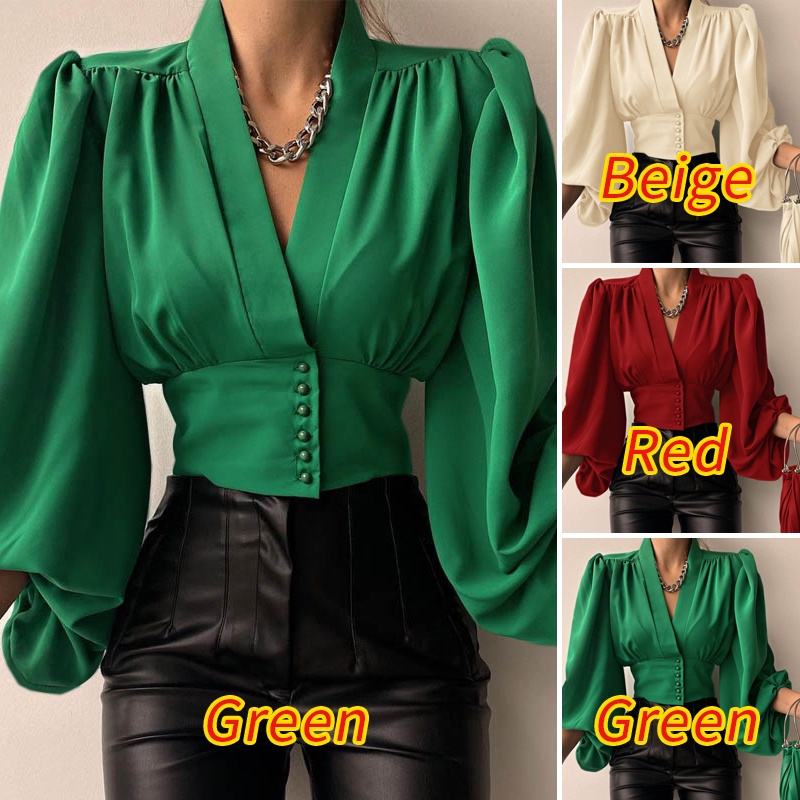 Áo Sơ Mi Tay Dài Cổ Chữ v Màu Sắc Trơn Phong Cách vintage Dành Cho Nữ