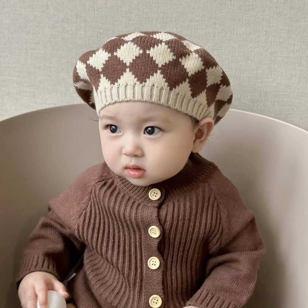 Mũ beret Dệt Kim Họa Tiết Hình Thoi Thời Trang Thu Đông Hàn Quốc Mới Cho Bé