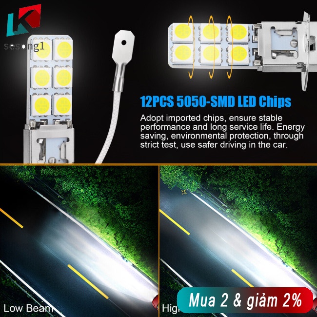 Sesong Set 2 Đèn Pha h3 6000k 1800lm Ánh Sáng Trắng 360 Độ Chuyên Dụng Cho Xe Hơi