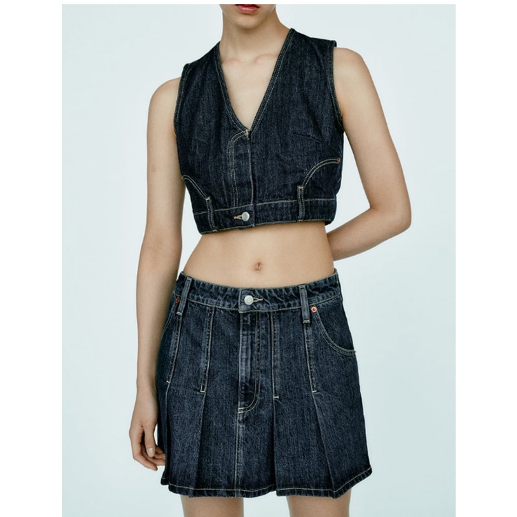 Zara Bộ Áo Khoác Sát Nách Cổ Chữ v + Chân Váy denim Xếp Ly Thời Trang Thu Đông 233216212 3216270