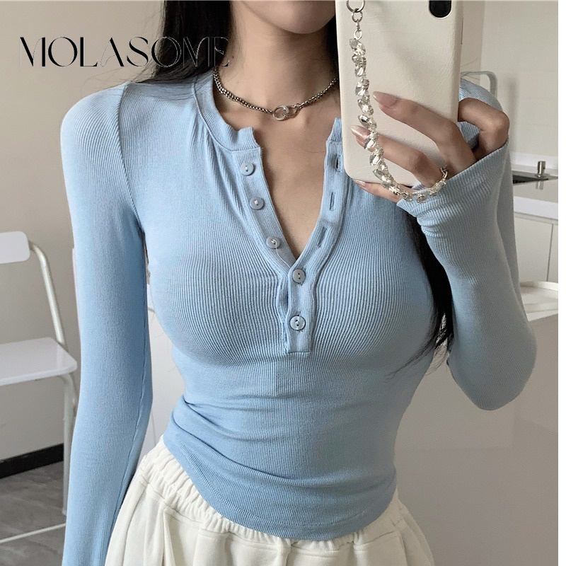 Polaroisome Áo Thun Tay Dài Cổ Chữ v Màu Trơn Ôm Dáng Thời Trang 2023 Cho Nữ