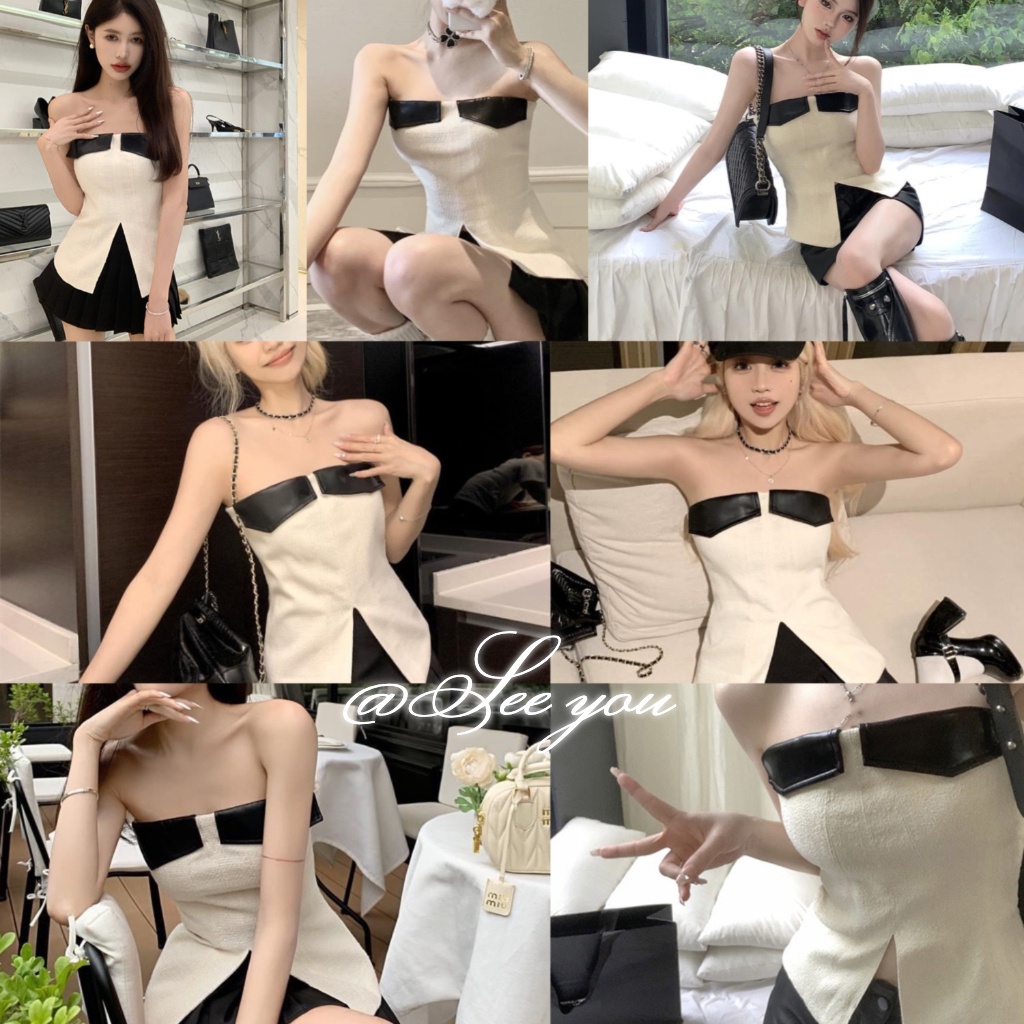 Quý Cô Mùa Hè Áo Ống Dây Thắt Lưng Áo Không Tay Bằng Da Chắp Vá Thời Trang Và Gợi Cảm