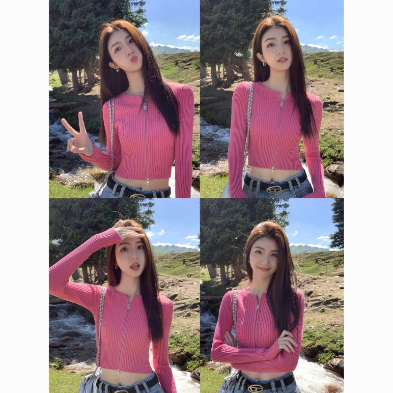 Áo cardigan Dệt Kim Dài Tay Dáng Ôm Phối Khóa Kéo Đôi Thời Trang Thu Đông Hàng Mới 2023 Dành Cho Bạn Nữ