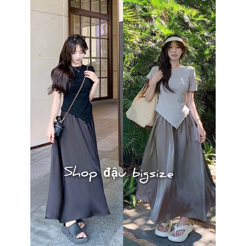 Bộ Đồ Nữ Bigsize Áo Thun Kiểu Croptop Tà Nhọn Phối Chân Váy Dài Dáng Xòe SET77