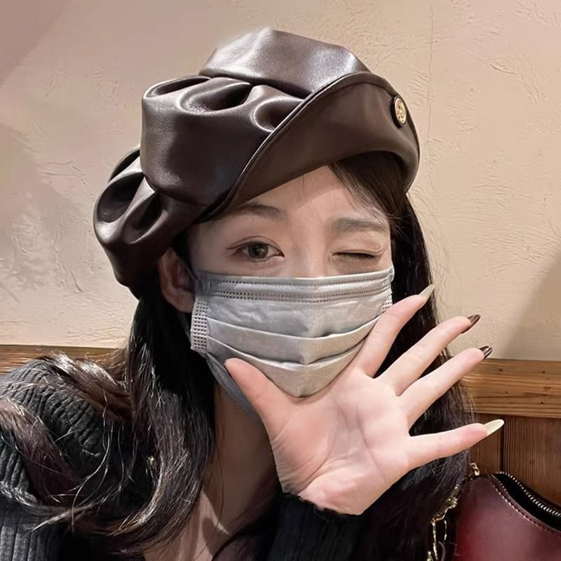 Mũ beret Da Màu Đen Xếp Ly Phong Cách retro Hàn Quốc Dễ Phối Đồ Cho Nữ