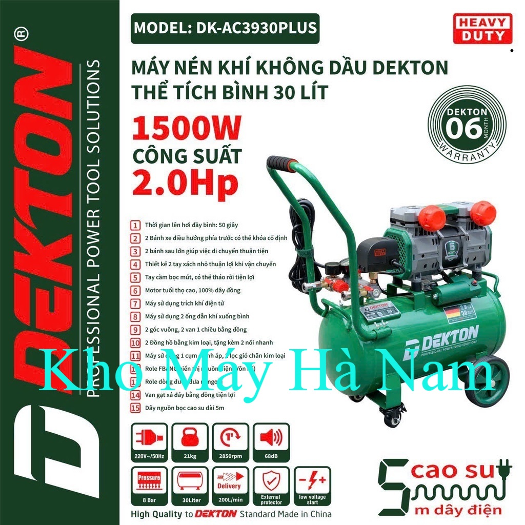 Máy Nén Khí Không Dầu Dekton DK-AC3930PLUS / 2HP/1500W/ Bình 30L /Lưu Lượng 200L/Phút ĐL HÀ NAM