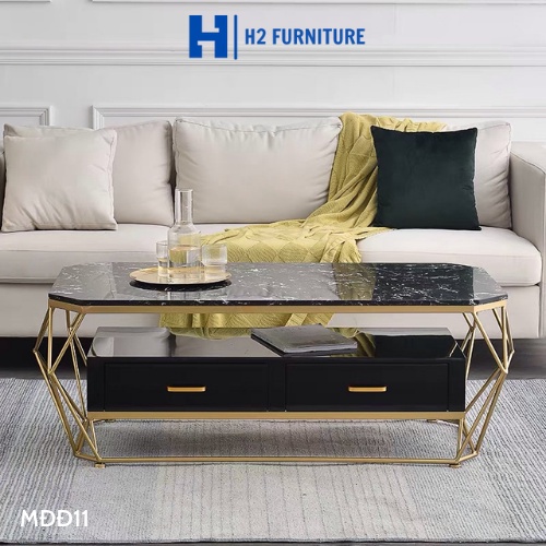 Bàn trà chữ nhật sofa H2 FURNITURE khung kim loại mặt đá, bàn 2 tầng có ngăn kéo cho phòng khách, phòng chờ