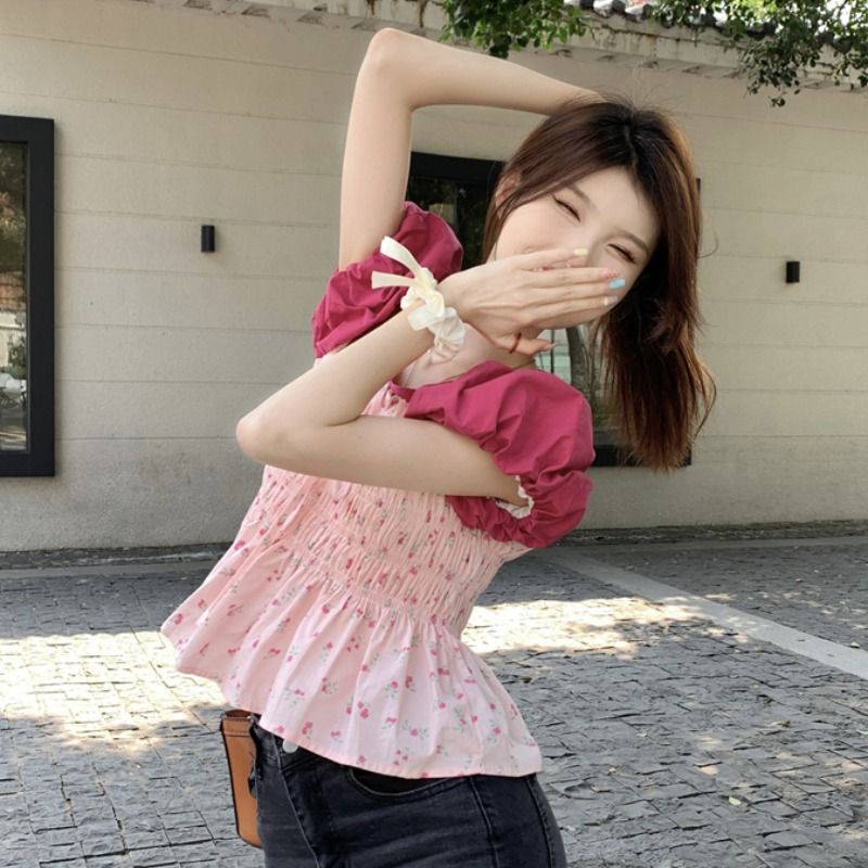 Áo Kiểu Tay Phồng Ngắn Ôm Eo Màu Sắc Tương Phản Ngọt Ngào Thời Trang Cho Nữ