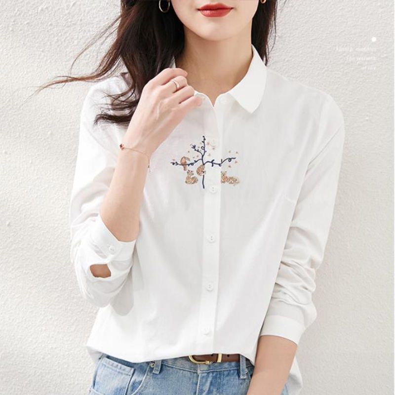 Áo Sơ Mi cotton Dài Tay Thêu Họa Tiết Thời Trang Xuân Thu Mới Cho Nữ