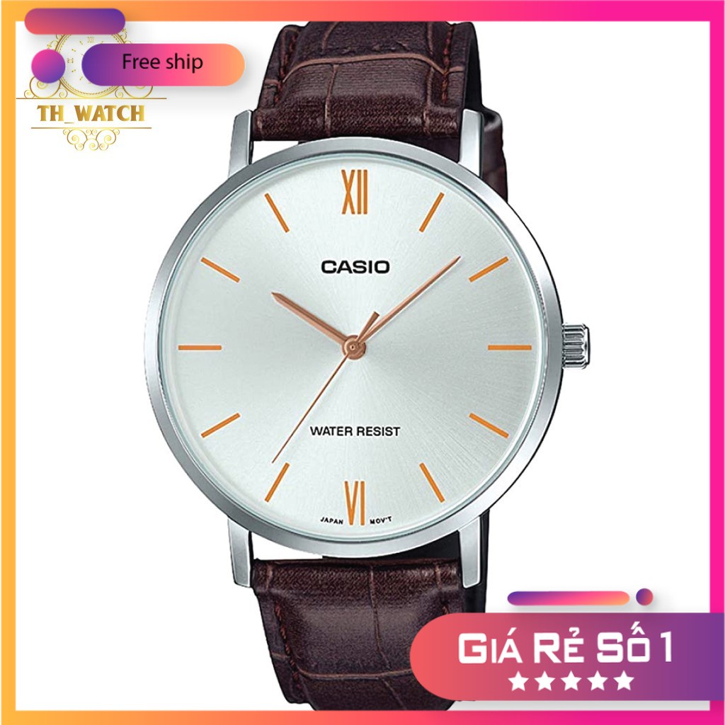 Đồng hồ Nam Casio MTP-VT01L-7B2UDF mặt trắng, dây da nâu, kính cứng - Máy pin Bảo hành 2 năm