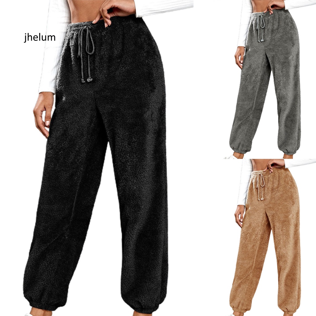 Quần Nhung Lông Hai Mặt Lưng Thun Rút Dây Màu Trơn Dáng Rộng Thời Trang Đường Phố