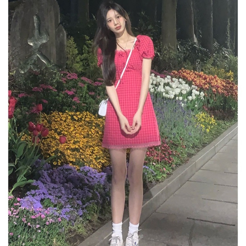 Đầm Công Chúa Tay Ngắn Cổ Vuông Thắt Nơ Họa Tiết Caro Ngọt Ngào Thời Trang Cho Nữ