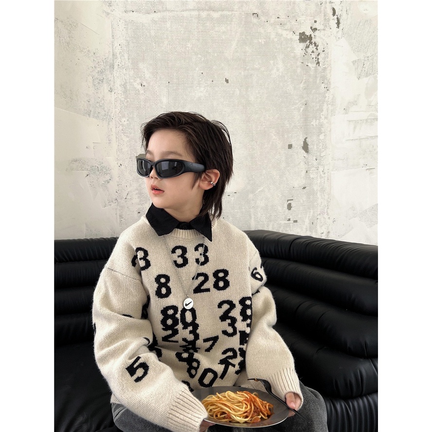 Áo len SIZE ĐẠI cho bé AB776 size 90-160 màu kem hình số đen, thời trang thu đông trẻ em 2023