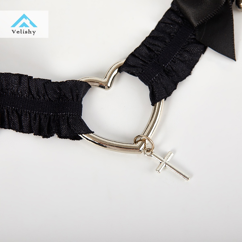 Velishy Vòng Ren Đeo Chân Co Giãn Hóa Trang lolita Thắt Nơ Chéo Trái Tim Phong Cách gothic harness