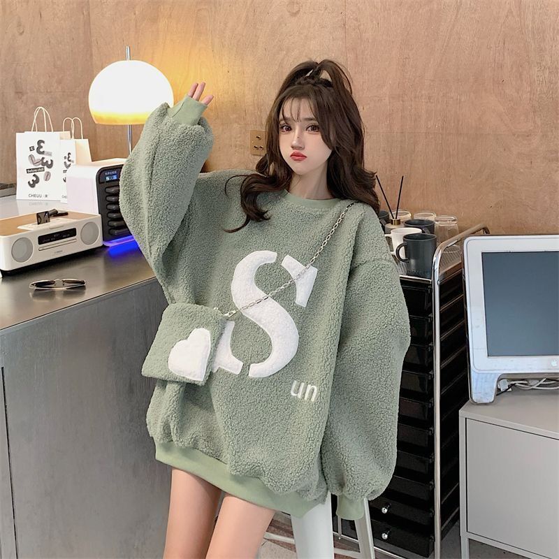 Áo Nỉ Giả Lông Cừu Dày Dặn Dáng Rộng Cỡ Lớn Phong Cách Hàn Quốc Dễ Phối Đồ Cho Nữ