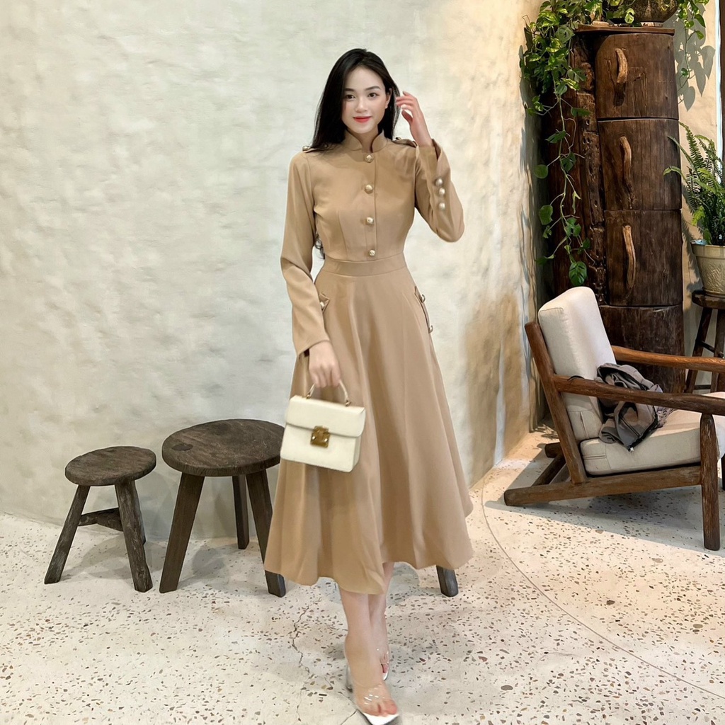Đầm công sở tay dài cúc đồng sang chảnh có túi hai bên
