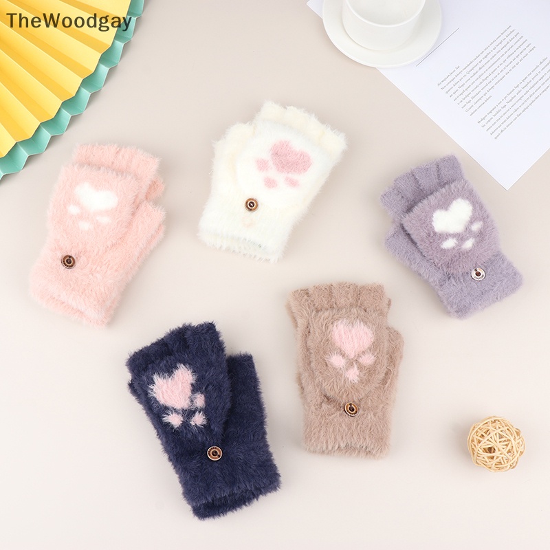 1 Đôi Găng Tay Lông Mềm Hở Ngón Giữ Ấm Mùa Đông Hình Bàn Chân Mèo Thời Trang Cho Nữ