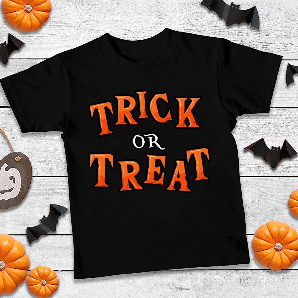 Halloween Trick or Treat Áo thun ngắn tay màu đen bé trai và bé gái Thời trang Halloween hàng đầu