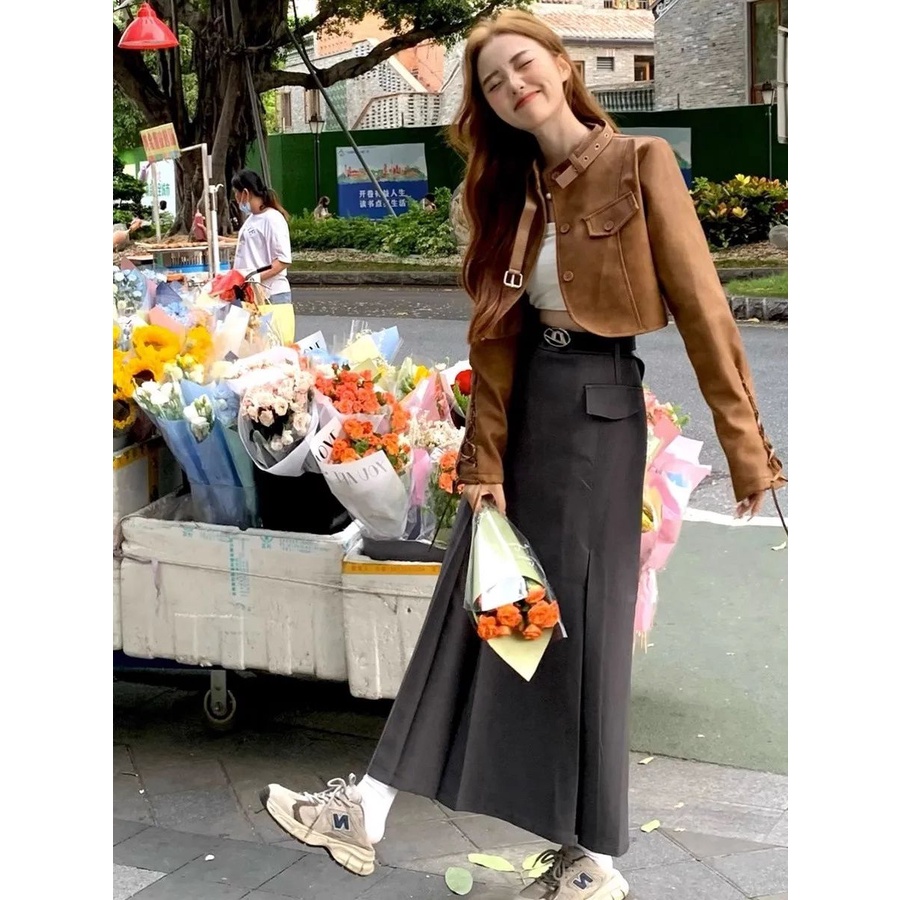 Áo Khoác Da cardigan Dáng Ngắn Phong Cách retro Mỹ Thời Trang Thu Đông Dành Cho Nữ