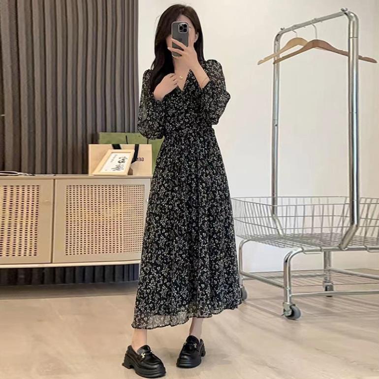 Váy Đầm Thiết Kế Hoa Nhí EMMADE Dáng Dài Hàng QC Cao Cấp - Đầm Dài Tay Kiểu Pháp Màu Đen 2023 V124
