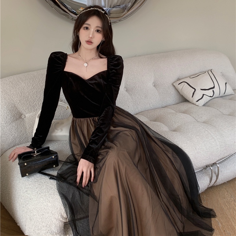 Đầm Dài Tay Phối Lưới Phong Cách Pháp Thời Trang Mùa Thu Cao Cấp Cho Nữ