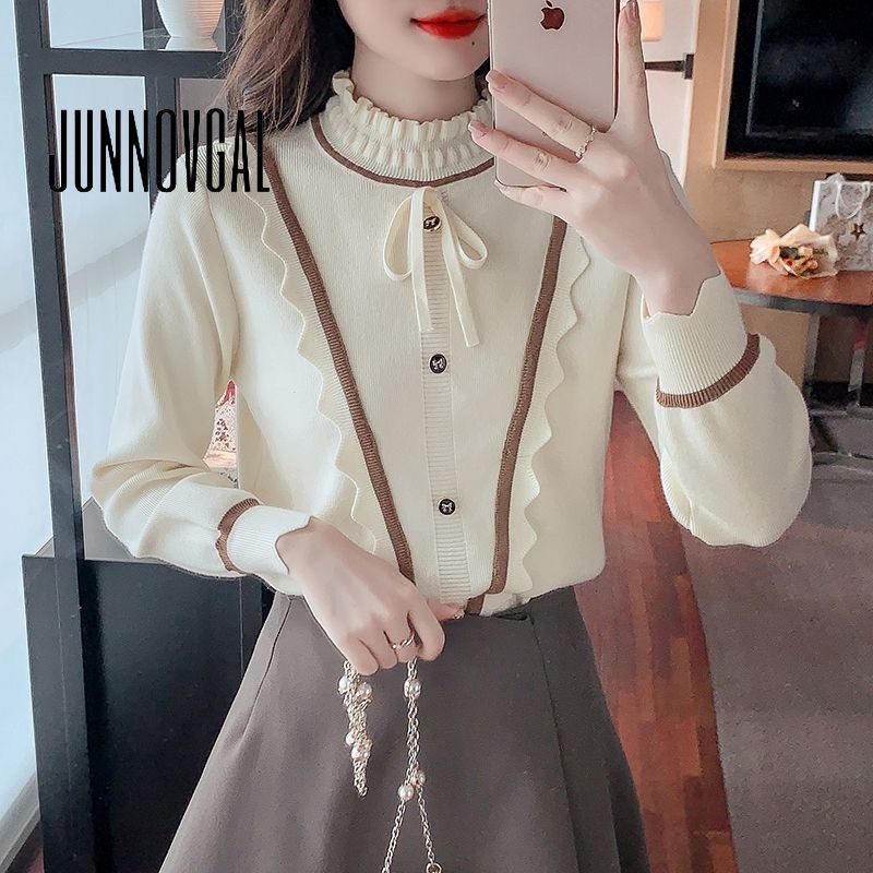 Áo Sweater Cổ Rùa Tay Dài Dáng Ôm Màu Trơn Đính Nơ Thời Trang 2023 Mới