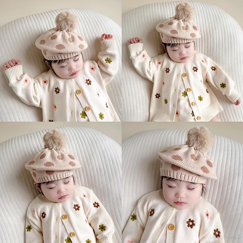 Mũ Nồi Dệt Kim Co Giãn Đính Quả Bông Dễ Thương Cho Bé Gái