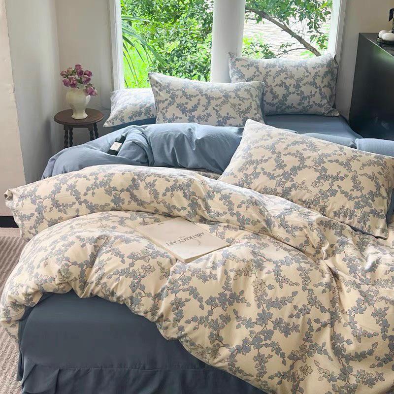 Bộ chăn ga gối 4 món cotton đũi vintage - vỏ chăn có khoá kéo lồng ruột