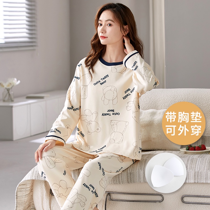 Bộ Đồ Ngủ cotton Tay Dài Có Mút Đệm Ngực In Hoạt Hình Nhật Bản Dễ Thương Dành Cho Nữ Size m-2xl