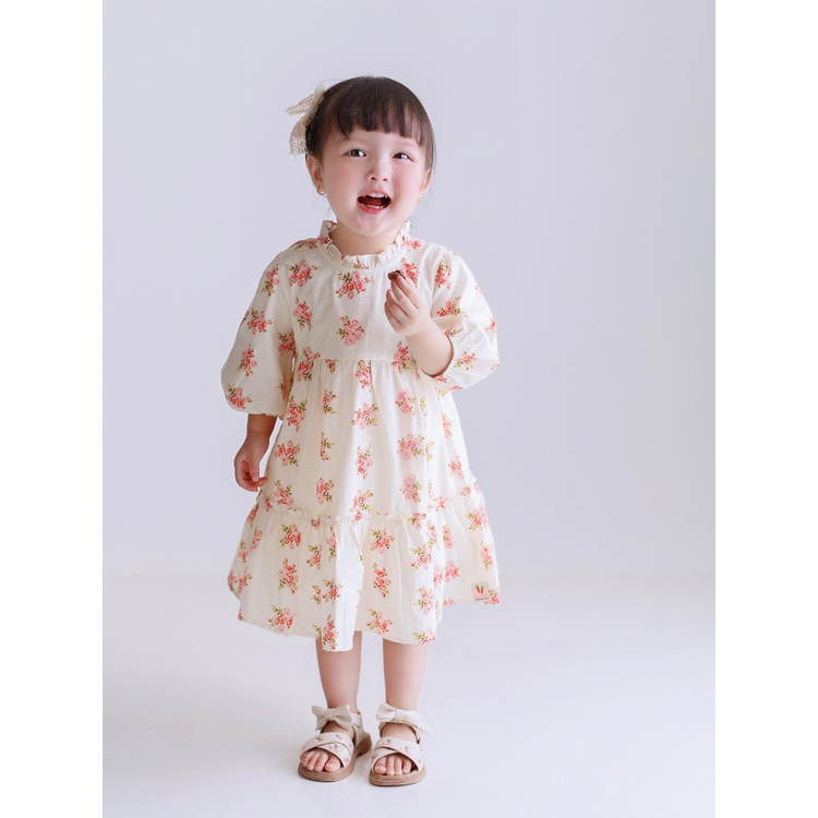 Váy Bé Gái CARROT Tay Lỡ Cổ Bèo, Họa Tiết Hoa Mộc Lan, Chất Liệu Thô Cotton Thấm Hút Mồ Hôi Tốt