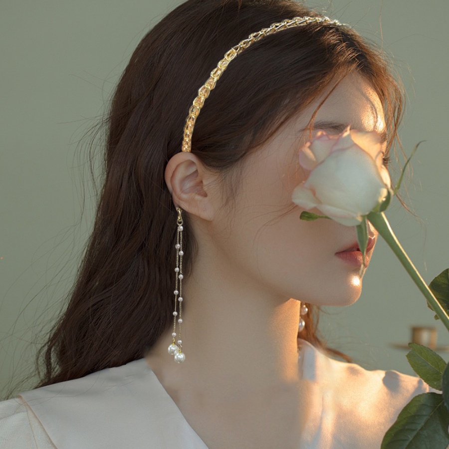 Băng Đô Cài Tóc Dây Xích Hình Bướm Bằng Hợp Kim Mỏng Đính Ngọc Trai & Kim Cương Kẹp Tóc