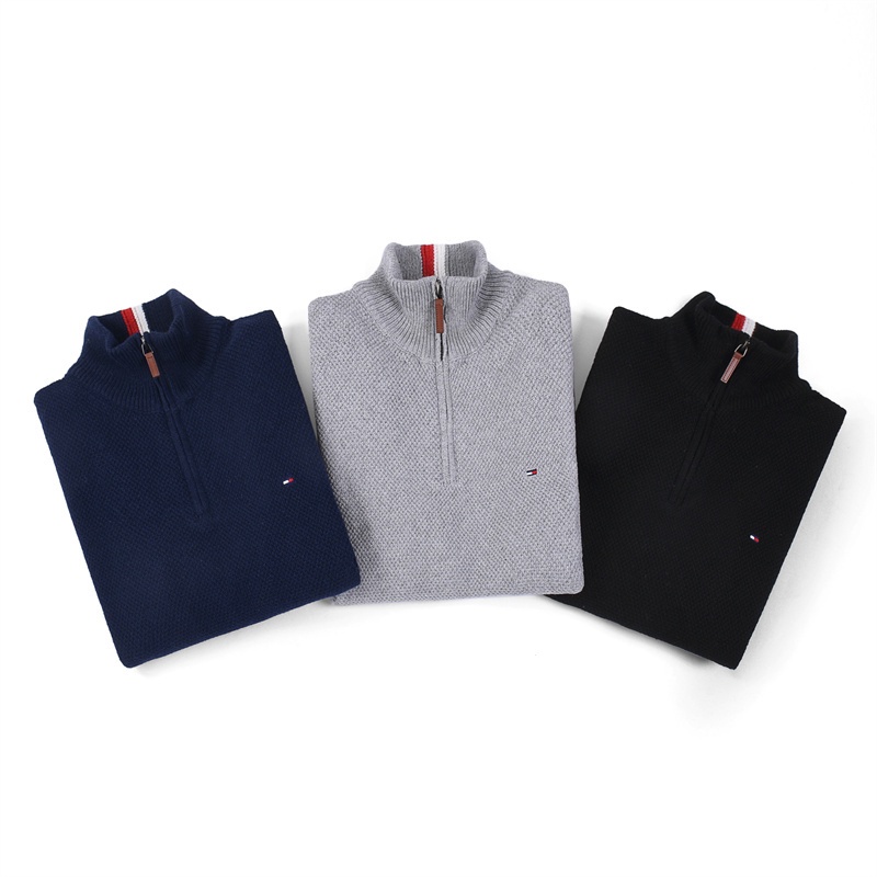 Áo sweater cotton Dệt Kim Cổ Đứng Có Dây Kéo Nửa Thân Giữ Ấm Mùa Thu Đông Thời Trang Cho Nam tommy