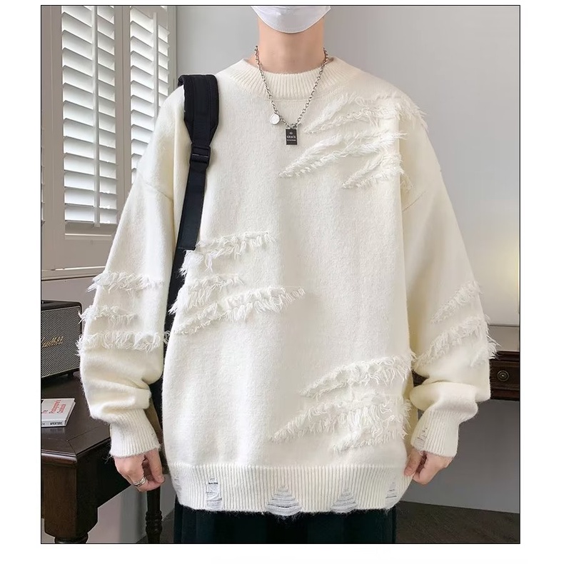 Áo sweater nam cổ tròn nam dáng rộng phong cách Hàn Quốc phối rách vải len sợi dày dặn thời trang thu đông cho cặp đôi