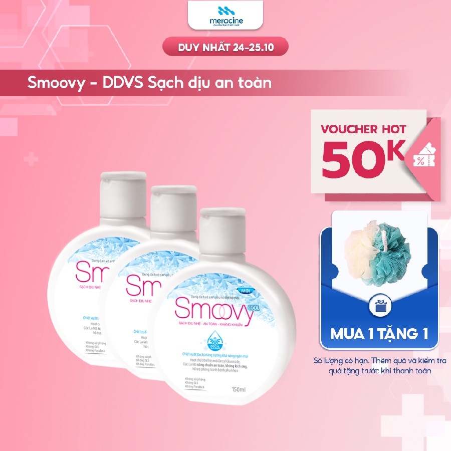 Combo 3 dung dịch vệ sinh phụ nữ thế hệ mới Smoovy Cool cúc La Mã chiết xuất Bạc Hà ngăn mùi suốt 24h (150ml/chai)