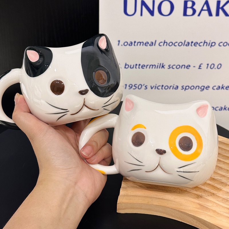 Cốc sứ hình vẽ chú mèo dễ thương 400ml phong cách cute thích hợp uống sữa và cà phê
