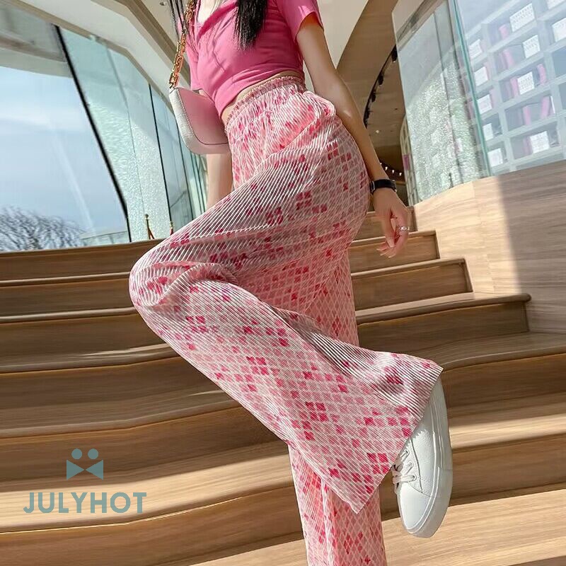 Quần Ống Rộng Lưng Cao Xếp Ly Bằng Lụa Lạnh Hình Kim Cương Thông Thường Cho Nữ vn