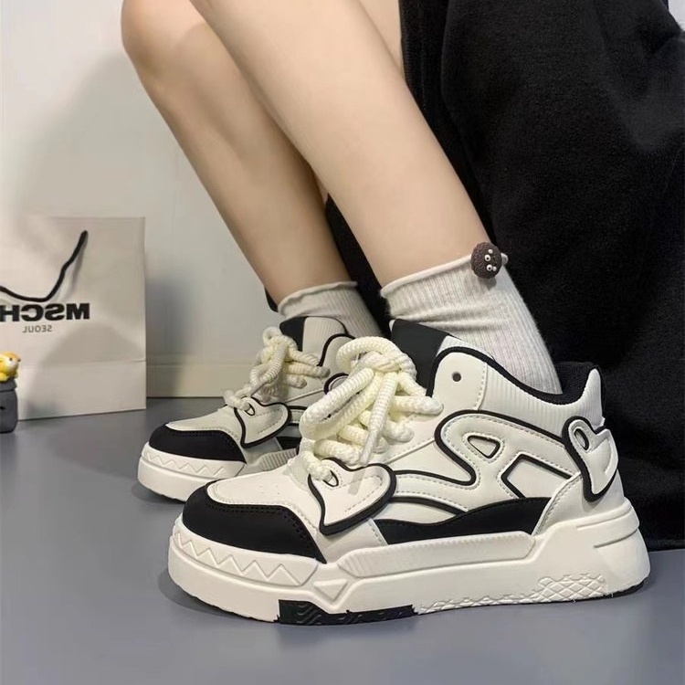 Giày Thể Thao Bằng Da pu Mũi Tròn Phối Lưới Dây Chéo Phong Cách Hàn Quốc Cho Nữ