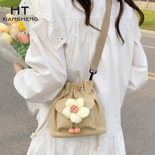 Ht xiansheng Túi Đeo Chéo canvas Dây Rút mini Họa Tiết Hoa Thời Trang Hàn Quốc Cho Nữ