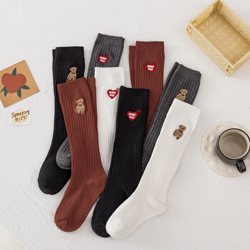 Vớ cotton Cao Qua Gối Thêu Họa Tiết Gấu Hoạt Hình Màu Trơn Phong Cách Hàn Quốc Xinh Xắn Cho Bé Gái