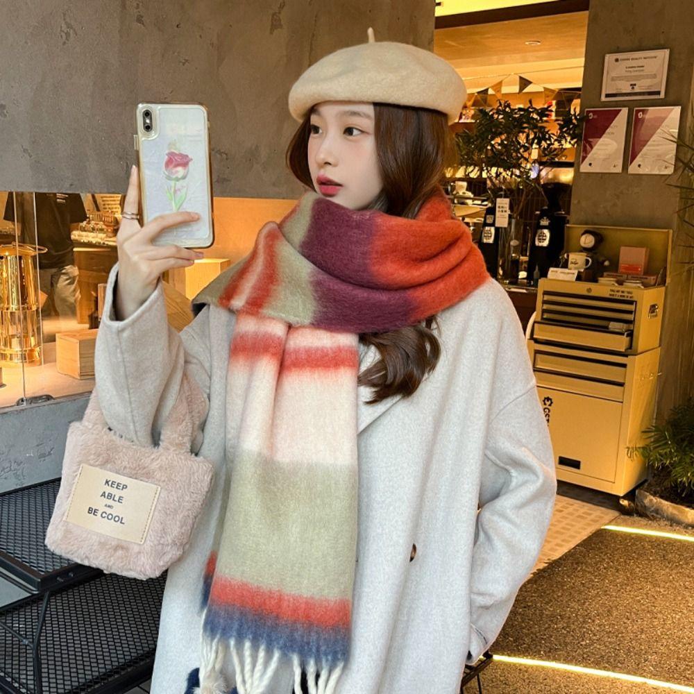 Jestine Khăn Choàng Len cashmere Dày Kẻ Sọc Cầu Vồng Phong Cách Hàn Quốc Cho Nữ