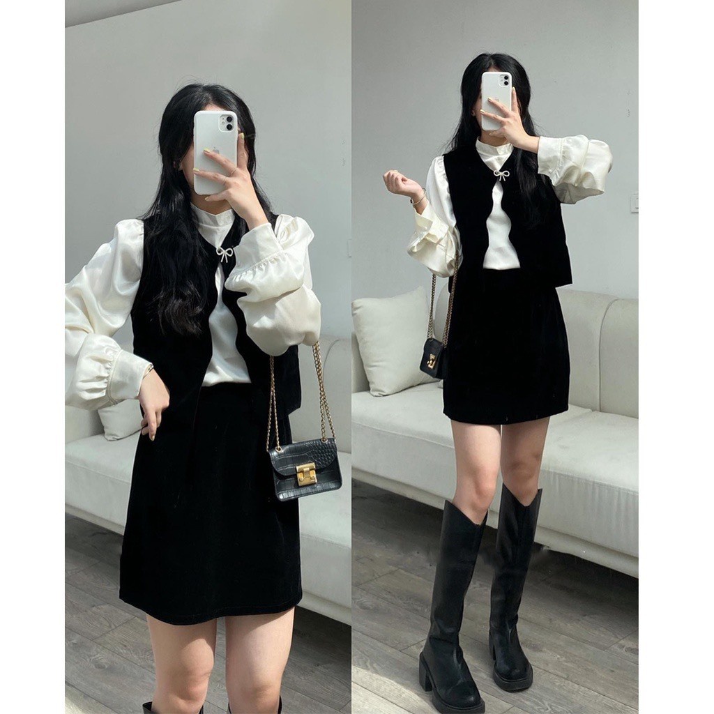 Set 3 món áo sơ mi mix ghile và chân váy nhung - Calina.vn