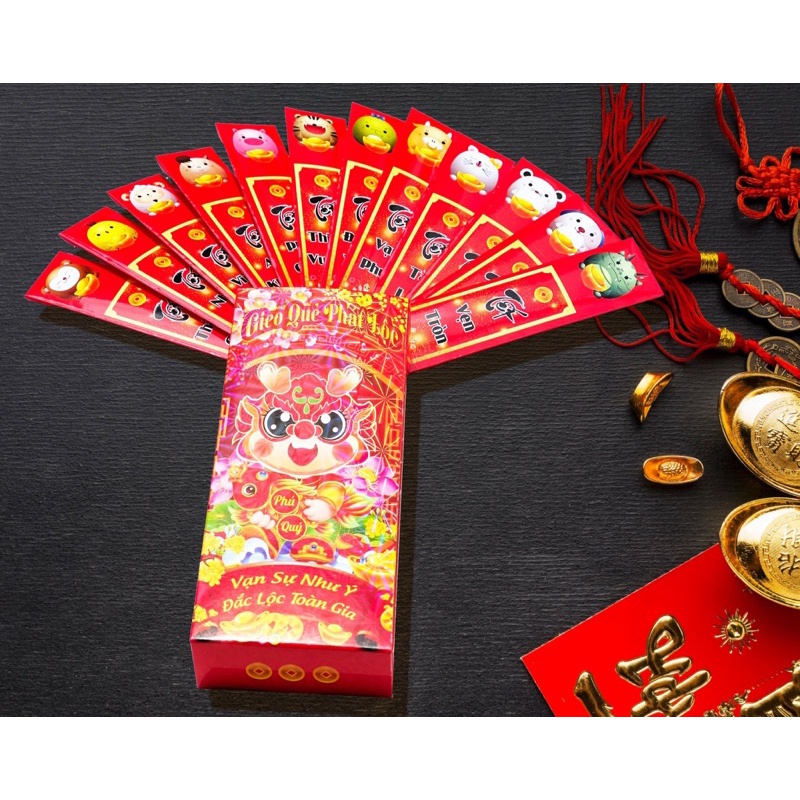 Bao lì xì gieo quẻ hộp 12 quẻ cáng bóng tuyệt đẹp, bao lì xì tết 2024