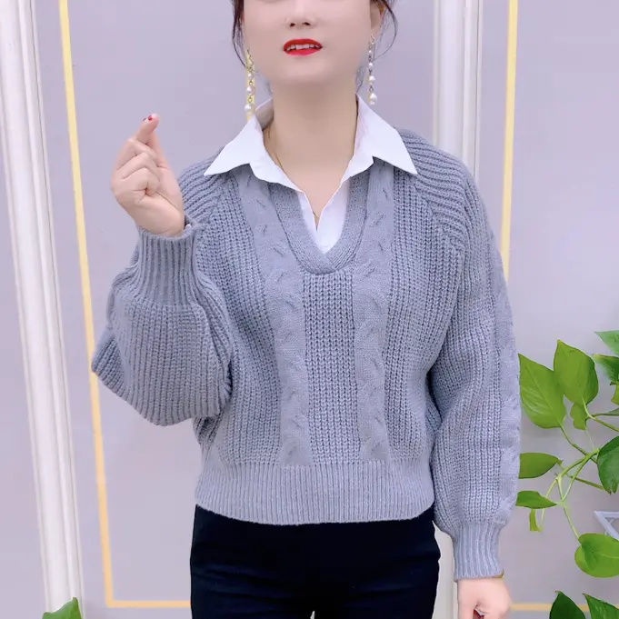 K Áo sweater Dệt Kim Giả Hai Lớp Cổ polo Mùa Thu Đông Bán Chạy Phong Cách Thời Trang Dành Cho Phụ Nữ Trung Niên