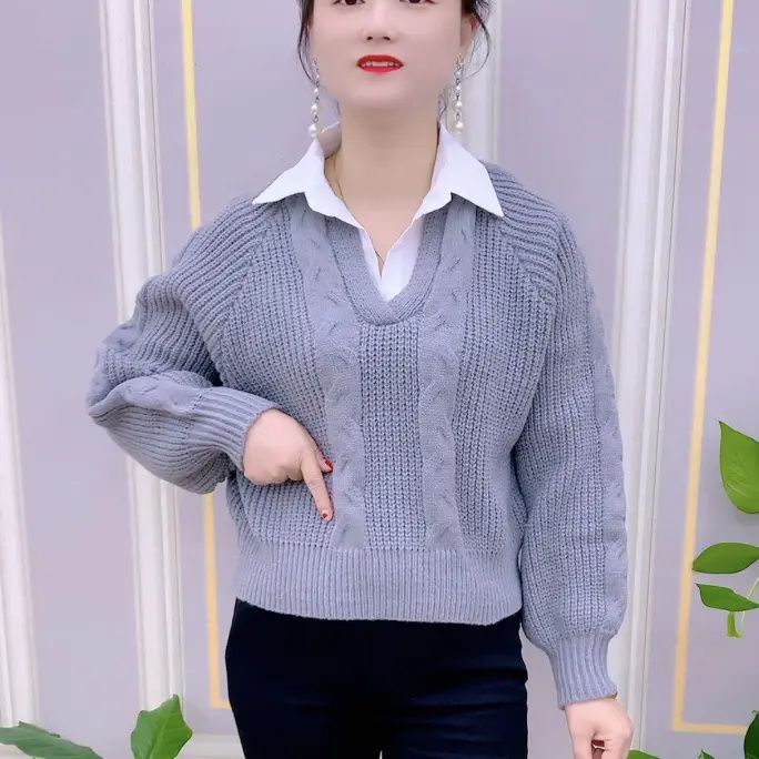 K Áo sweater Dệt Kim Giả Hai Lớp Cổ polo Mùa Thu Đông Bán Chạy Phong Cách Thời Trang Dành Cho Phụ Nữ Trung Niên