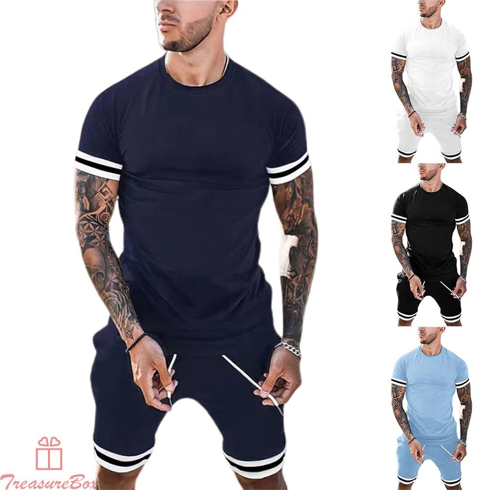 Tops+Pants For Men Gym Loose Men\'s Outfit Outfits Shorts Set Solid Color
