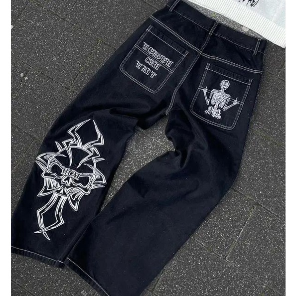 Quần jeans baggy Ống Rộng Thêu Hình Đầu Lâu Phong Cách hip hop Thời Trang Cho Nam y2k