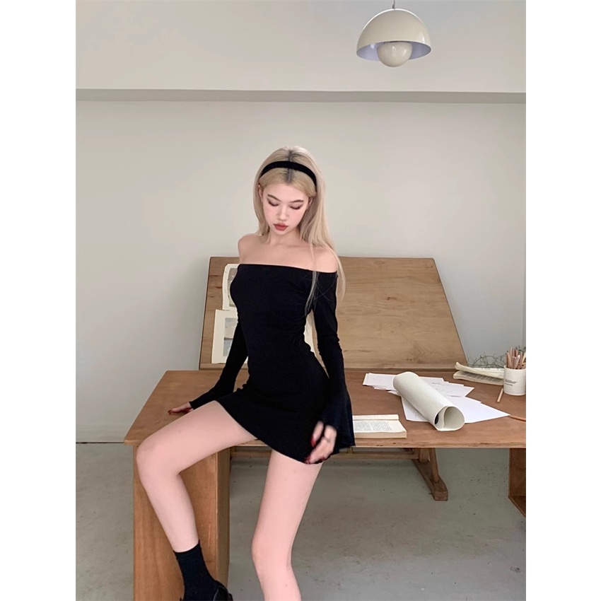 Tingyaxiu Váy Ôm Sát Tay Chuông Màu Đen Gợn Sóng Thời Trang Thu Đông Cho Nữ